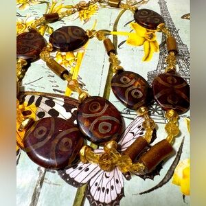 Tibetan agate oval Stone, Citrine Necklace,  30” long, gold filled toggle